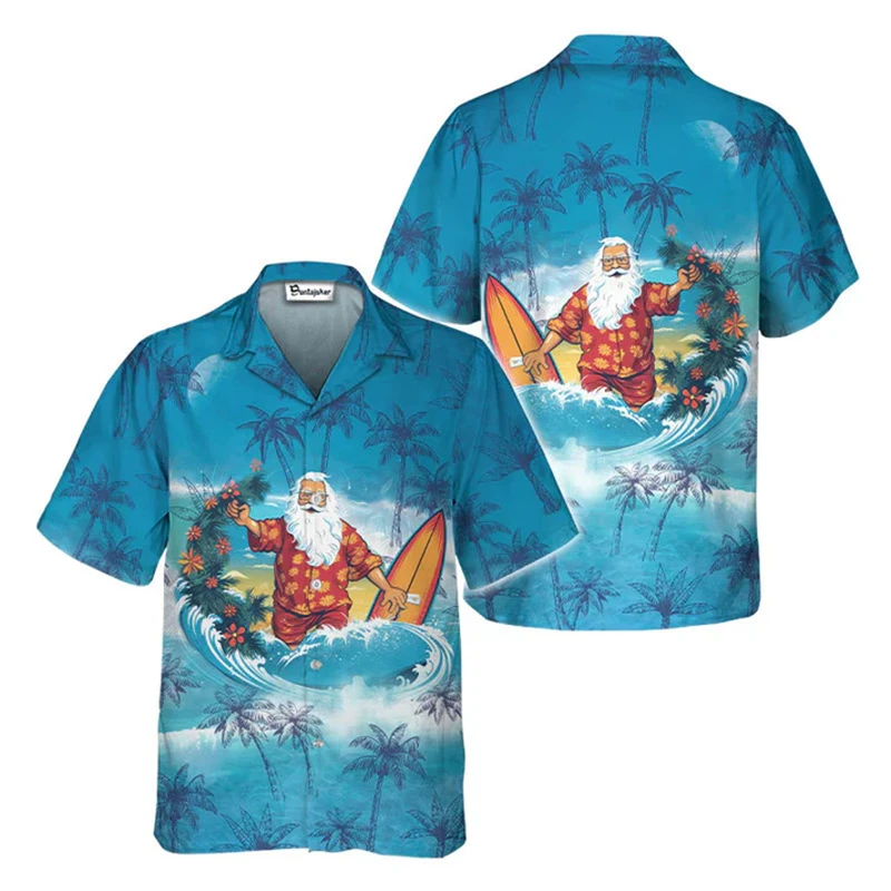 Hawaii Surf Santa Claus Shirt Men's Vacation Clothing  Single Breasted Short Sleeve Tee Shirt Merry Christmas Trend Blouse Top