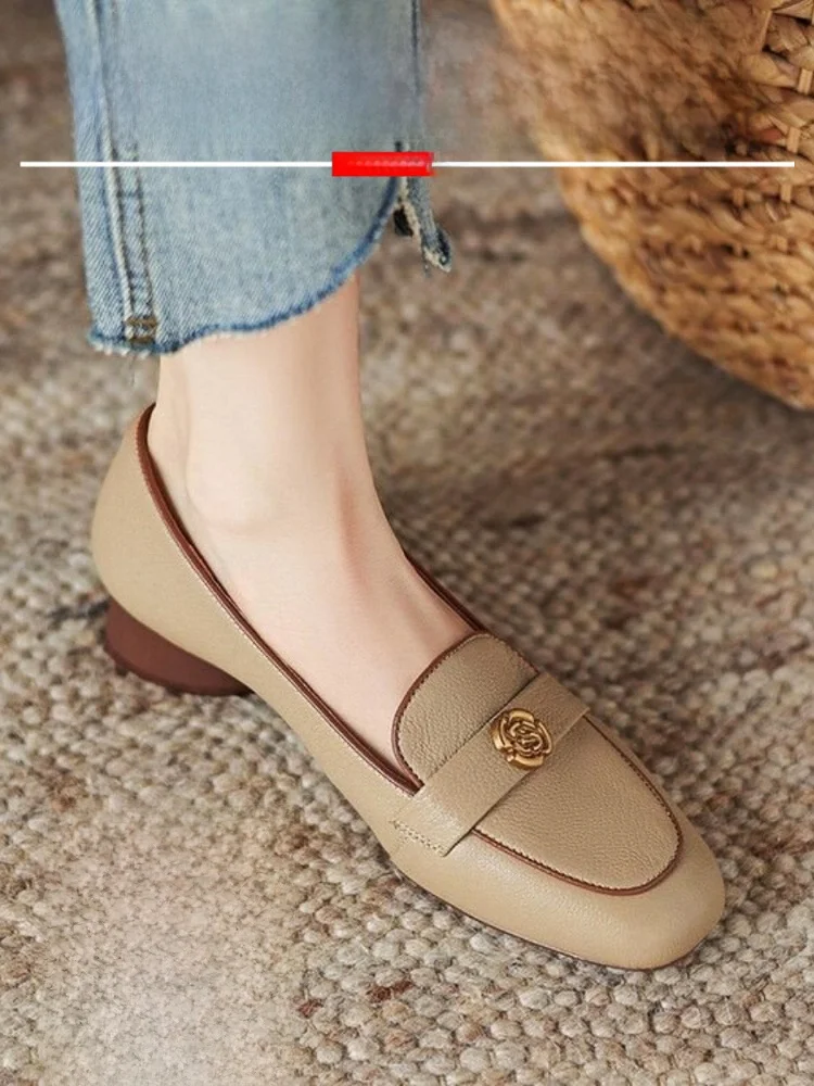 Qiaodong Women's Leather Slip-On Shoes Thick Heel Casual Style Spring Autumn Season round Toe Soft Surface Rubber Outsole