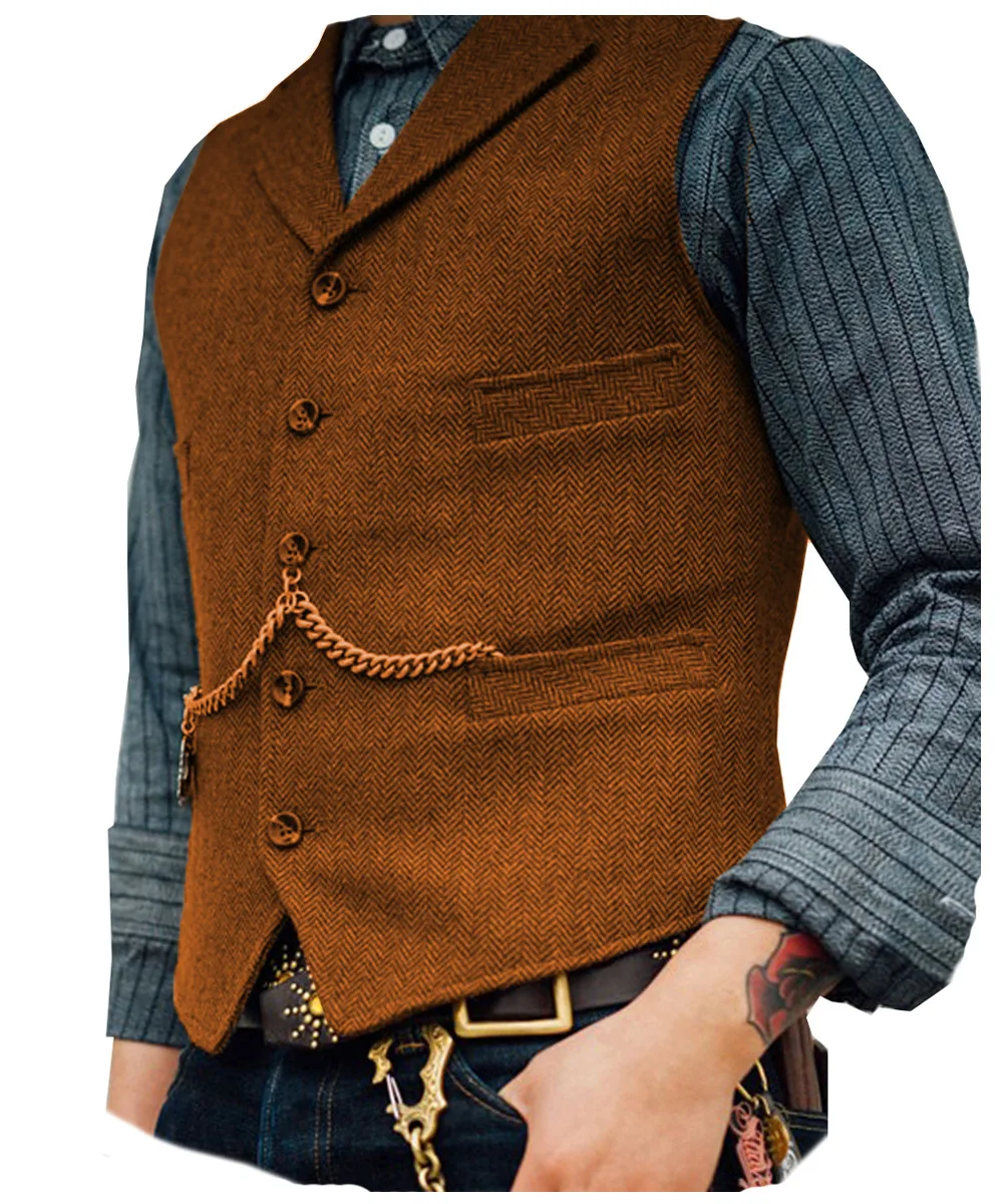 Business Waistcoat Jacket Casual Slim Fit Gilet Homme Vests for Groosmen Man Wedding Men\'s Suit Vest Brown Wedding Wool Tweed