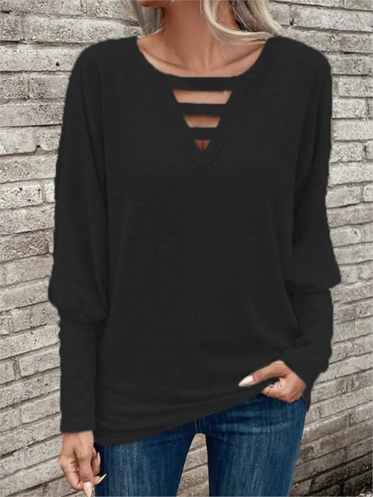 Women's Autumn Winter New Sexy Hollow V-neck Fashionable Solid Color Casual Loose Long Sleeved Pullover T-shirt