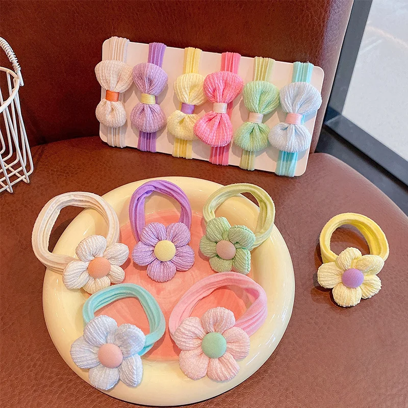 6Pcs/Set Kids Headbands Flower Hair Rope Elastic Children Ponytail Hair Ring Sweet Cute Little Girls Towel Ring Hair Accessories