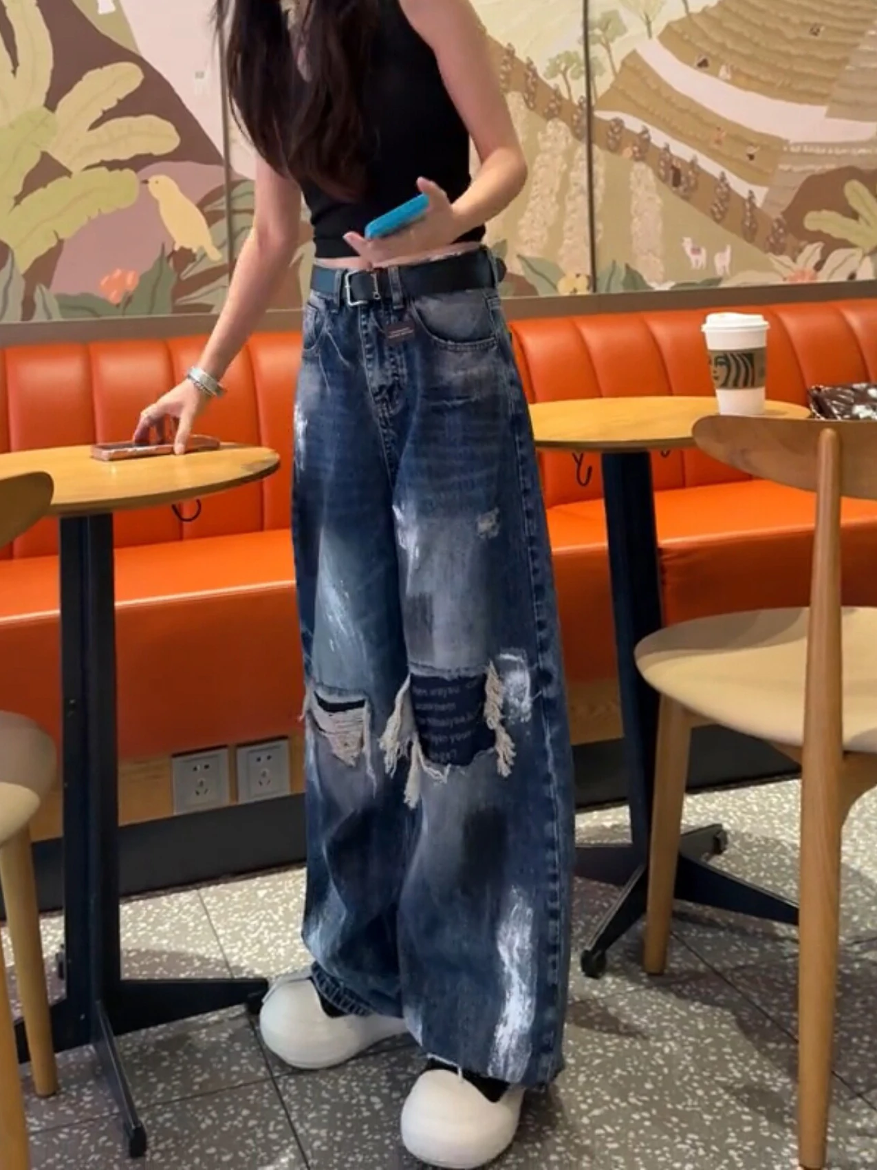 Authentic High Waist Knife Cut American Graffiti Design Denim Jeans Women's Casual Washed Blue Polyester Fiber Loose Fit