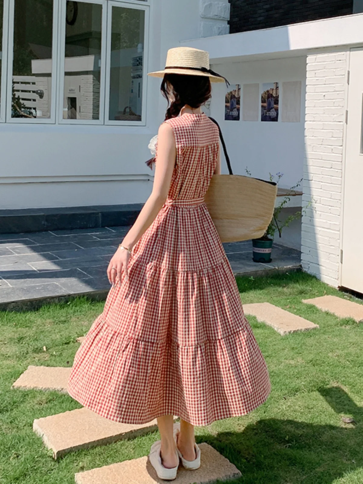 Rote karierte Weste, Damen, langer Sommerrock, neu, schlicht, Retro, tailliert, koreanischer Stil, hohe Taille, A-Linie, langer Rock