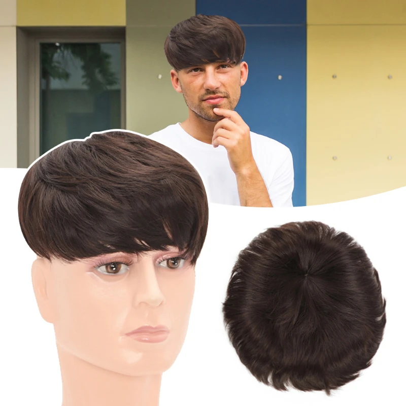 Men\'s Bald Top Wig Head Patch with Clip Block Korean Handsome Boys Short Hair Chemical Fibre Hair Forehead Invisible Wig Piece