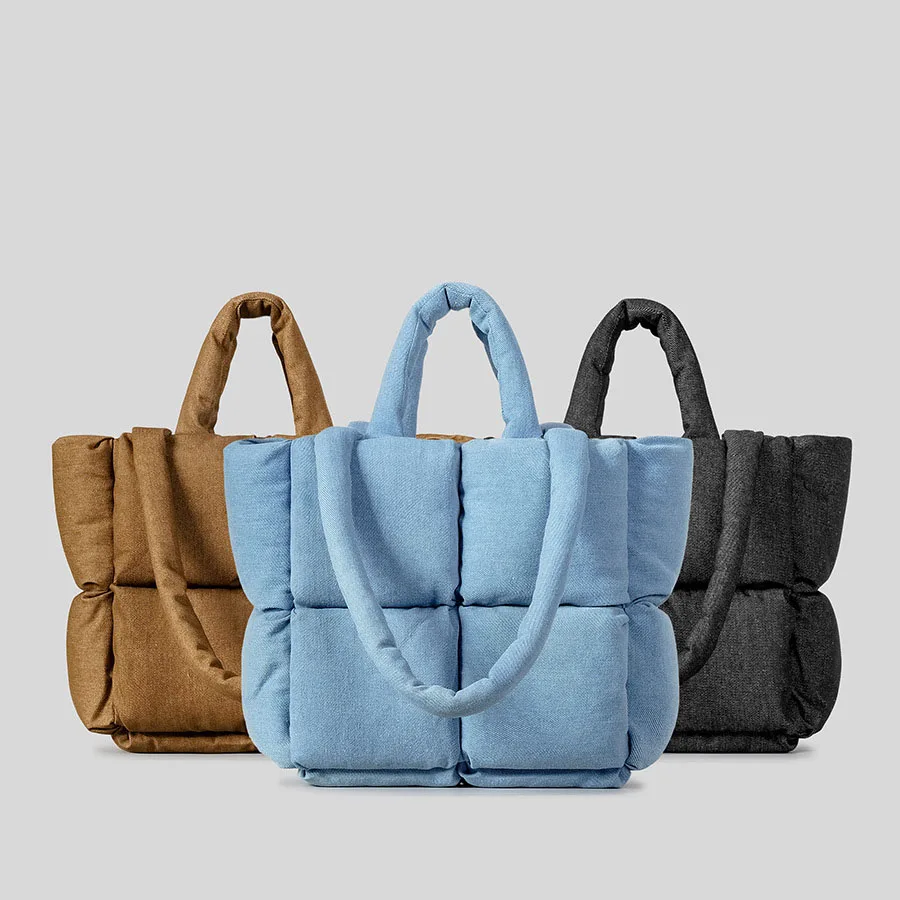 Bolso de hombro de algodón acolchado para mujer, bolsa de tela vaquera suave, a la moda, de diseñador, cálido, para invierno, 2023