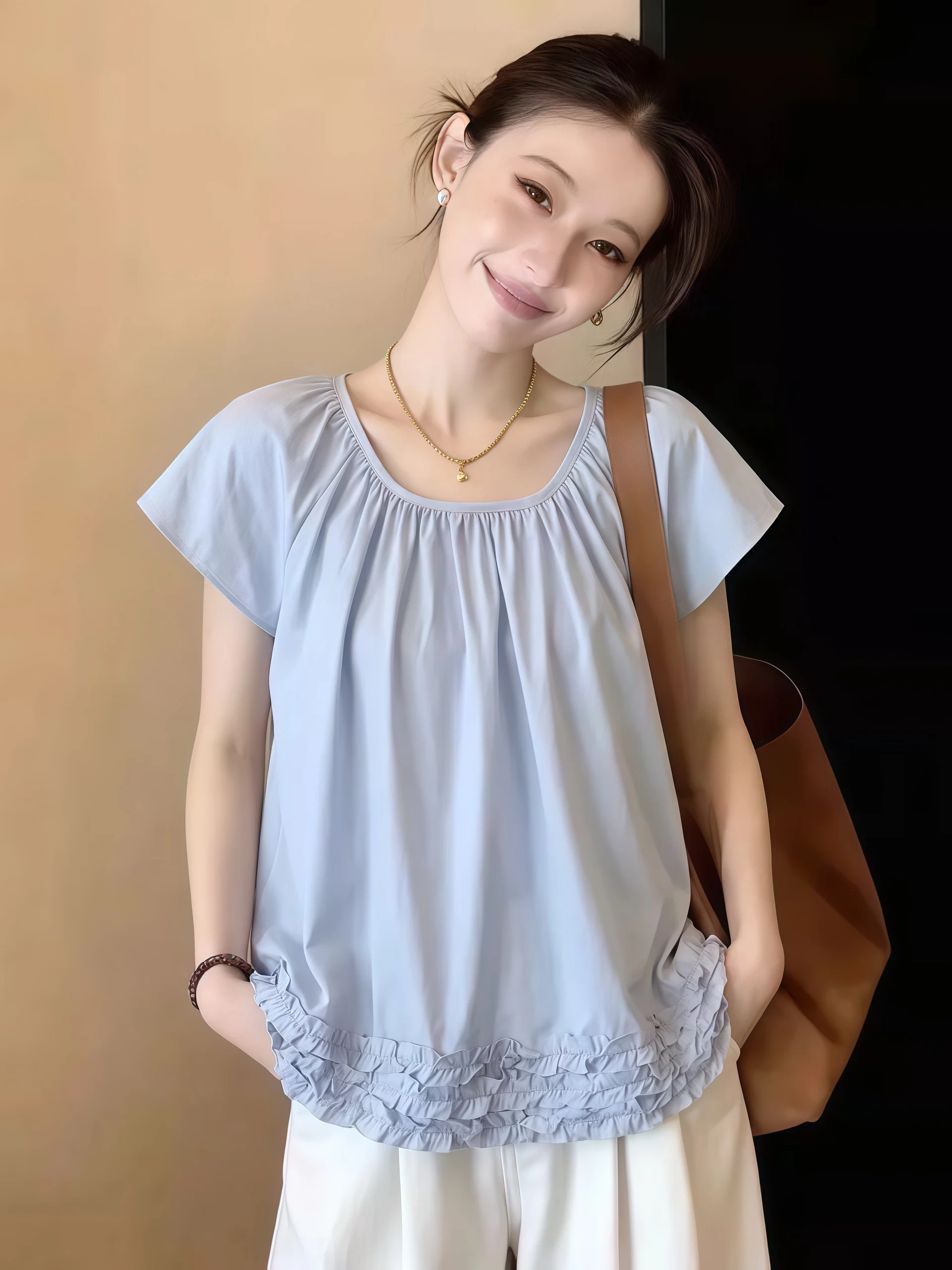 

Light Blue Short Sleeve Shirt Women's Puffy Sleeve Doll Shirt Korean Style Commute Wind Loose Fit round Neck Summer New Arrival