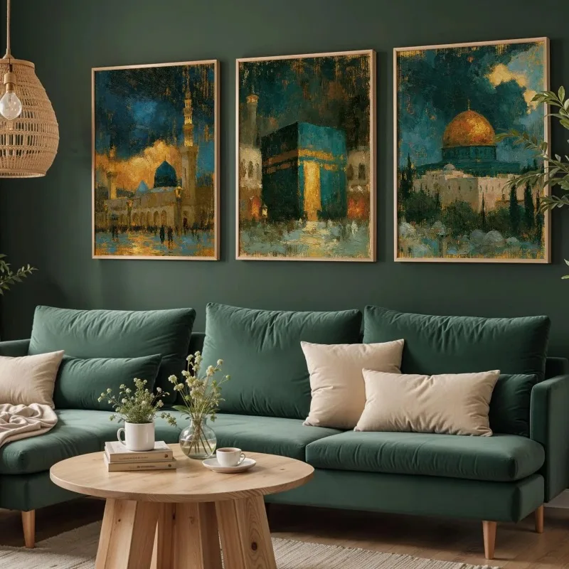 3pcs Islamic Holy Sites Oil Painting Wall Art Prints Kaaba Dome of The Rock Mosque Vintage Muslim Home Decor Unframed Canvas