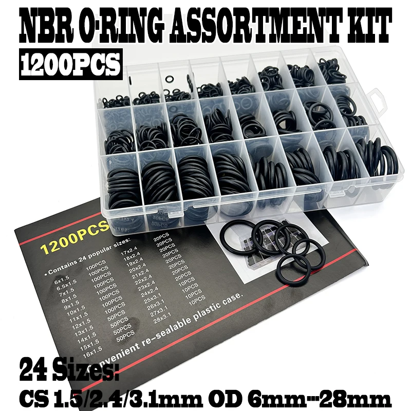 

Black NBR Nitrile O-Ring Set 1200Pcs CS 1.5/2.4/3.1mm OD 6-28mm Wear-Resistant Seal for Industrial Pneumatic Plumbing Equipment