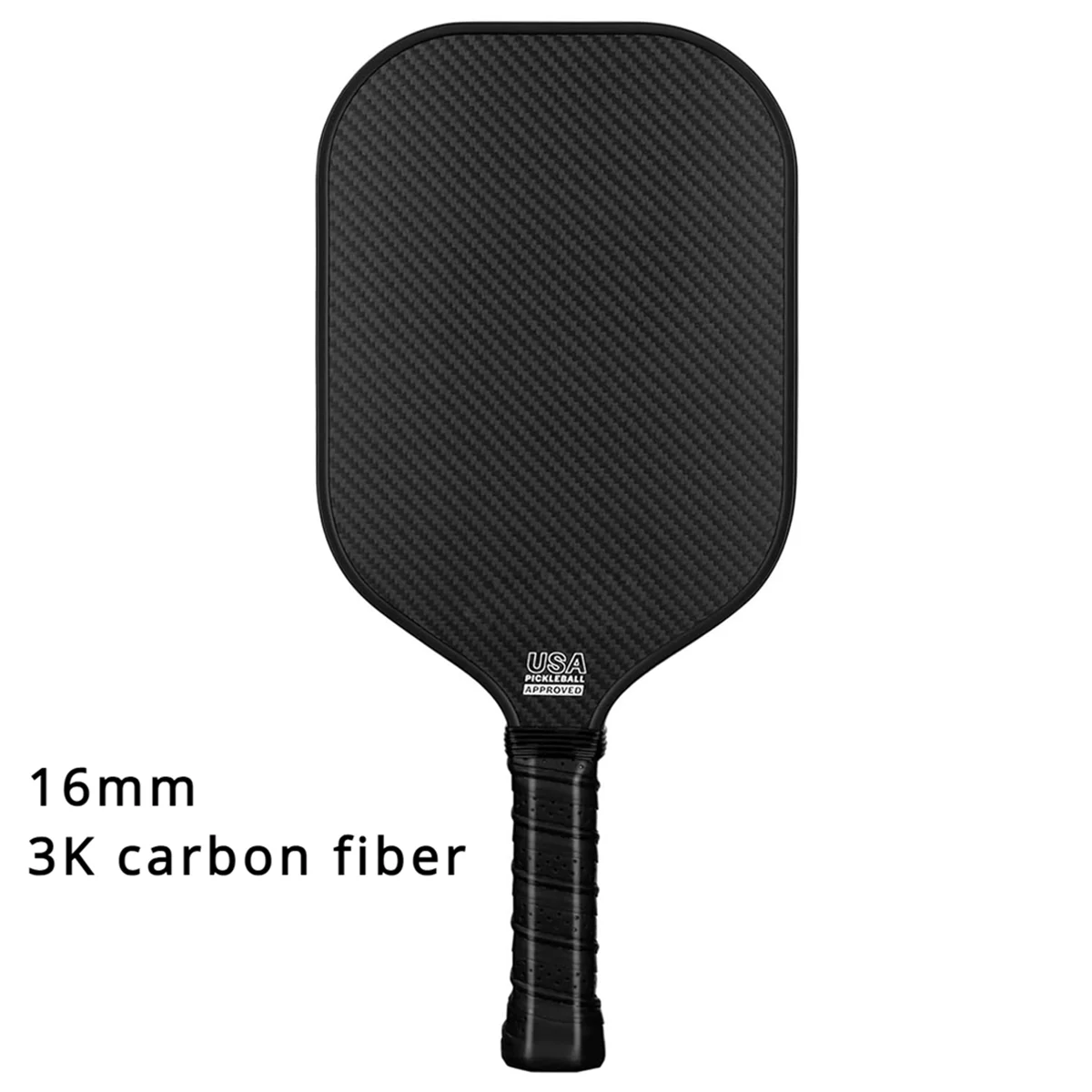 16MM Pickleball Paddle 3K Carbon Fiber Surface PP Honeycomb Core Enhanced Power Anti-Slip Hand Grip Paddle Black