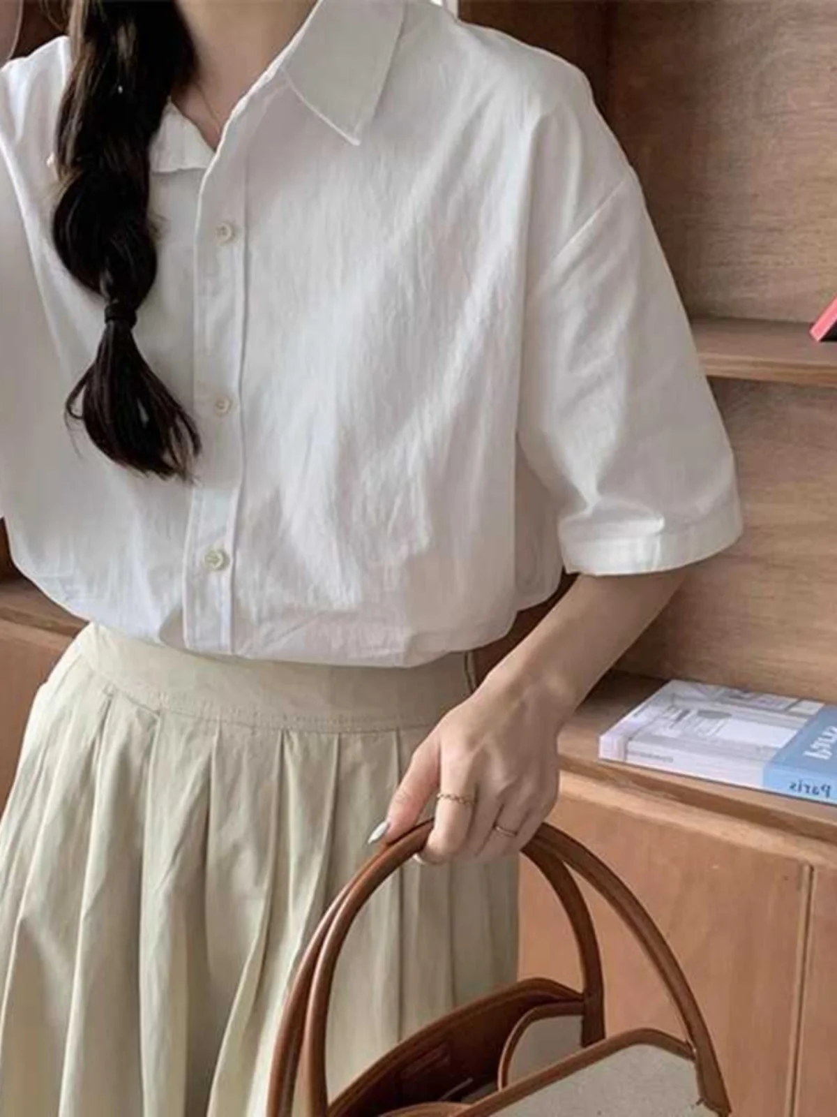 

Новая серия Salt: элегантная тонкая белая рубашка с коротким рукавом, женская повседневная модная блузка с воротником, стандартный крой, на пуговицах