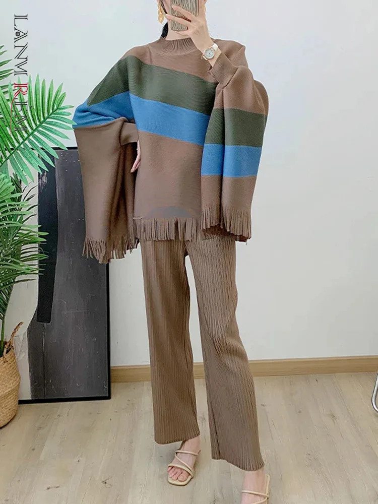 LANMREM 2 Pieces Pleated Pants Sets Women Striped Irregular Loose Shirt With Solid Color Wid Leg Pants Female Fashion 2DA3390