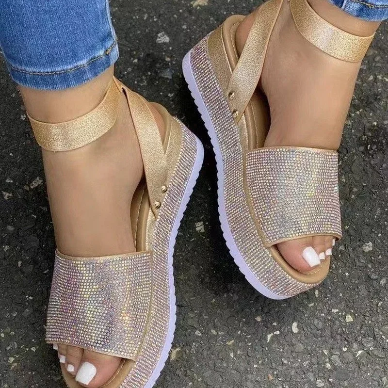 43 sandały damskie moda Rhinestone sandały na koturnie damskie letnie nowe buty na wysokim obcasie buty na platformie Outdoor Open Toe Casual sandały