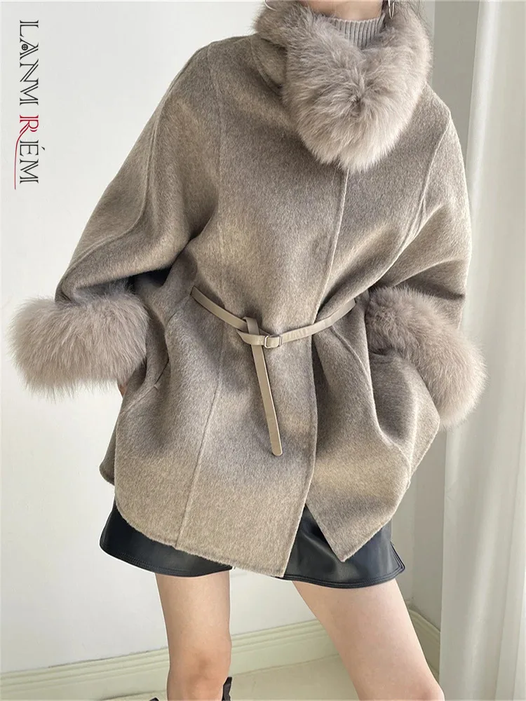 

[LANMREM] Fox Fur 100% Wool Coat Women's Belt Gathered Waist Office Lady Thick Warm Short Outwear Fashion 2024 Winter New 26C976