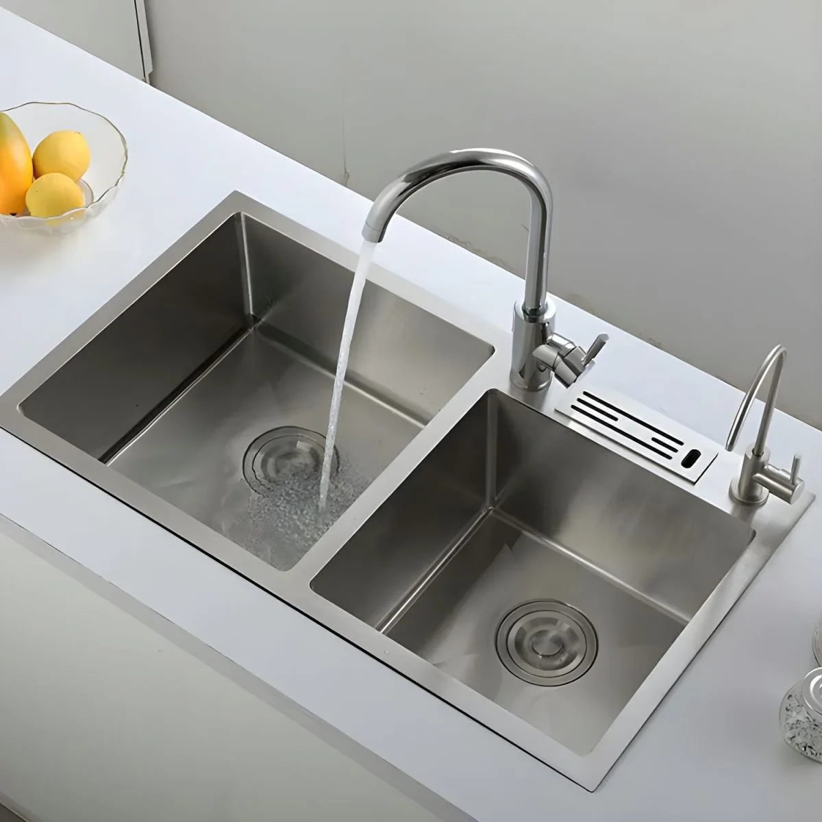 Kitchen Sink Stainless Steel Handmade Double Slot Counter Basin with Knife Holder Faucet Hole