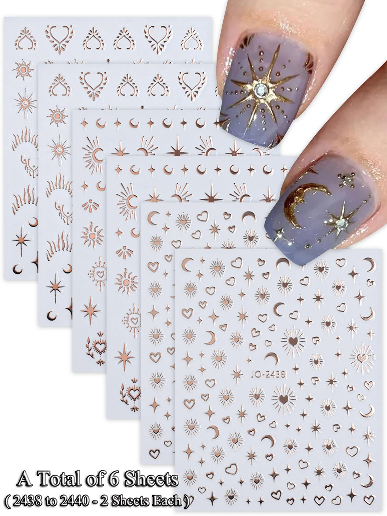 6/12/24 Vellen Gouden & Zilveren Ster, Maan & Hart Nagelstickers, Zelfklevende 3D Nageldecoratie Stickers voor DIY Manicure Decoratie