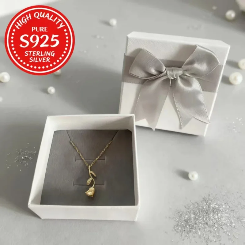 

925 Sterling Silver Rose Pendant Necklace - 3-Color Bow Gift Box Holiday Gift for Women