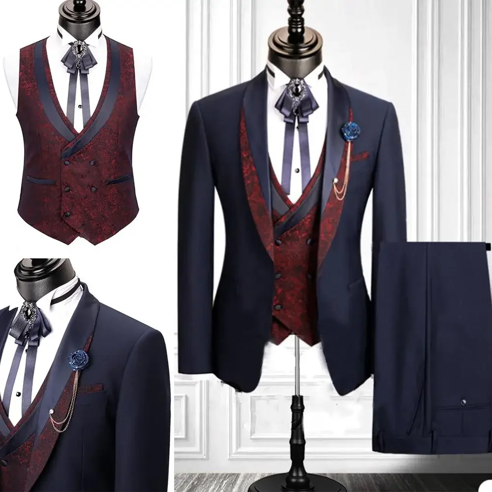 Floral Formal Suits For Men 3 Piece Shawl Lapel Italian Style Suit Jacket With Vest Pants Fashion Custom Wedding Groom Tuxedo