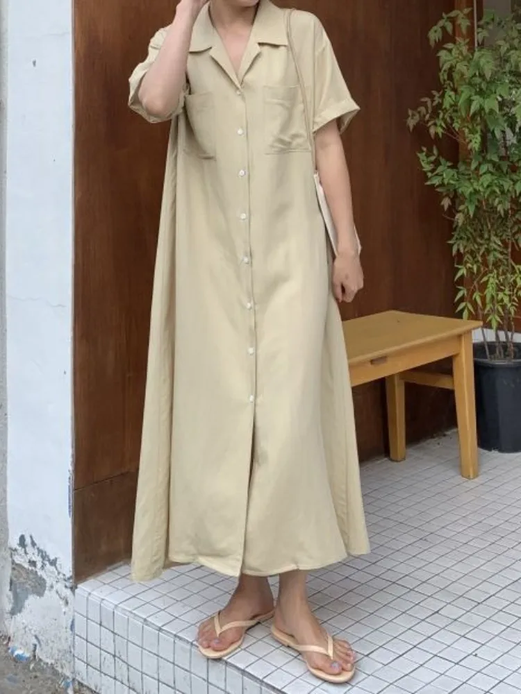 

Простое японское платье Sle irt Dr, женское летнее новое свободное однотонное длинное платье с большим подолом и воротником-стойкой на одной пуговице