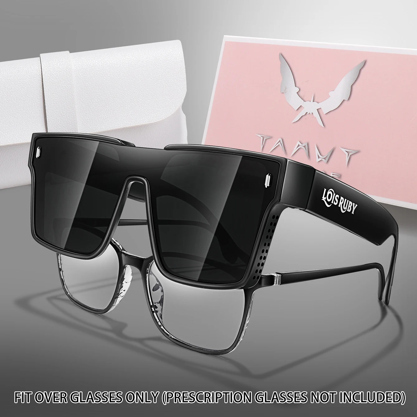 Übergroße quadratische Sonnenbrille für Herren, passt über die Gläser, kurzsichtige Brille zum verschreibungspflichtigen Tragen, Fahren, Angeln, Fahrradbrille – Detail 1