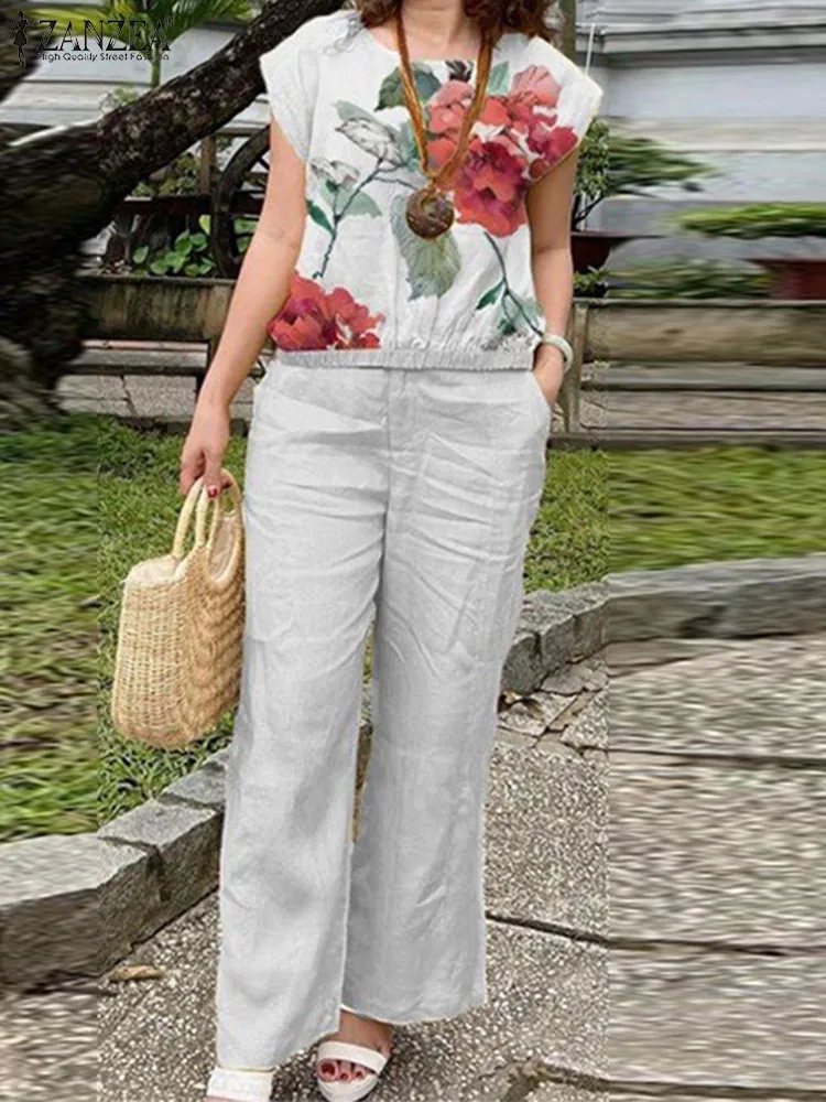 ZANZEA 2024 Women Pant Sets Fashion Matching Sets Short Sleeve Floral Printe Vintage Suits Casual Loose  Bohemian 2PCS  Trousers