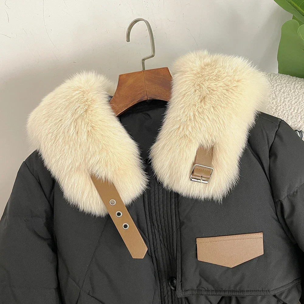 2024 Down Jacket Women Autumn Winter Real Fur Coat Lace-up with Fox Fur Collar Thickened Warm White Duck Down Jacket Real Fur