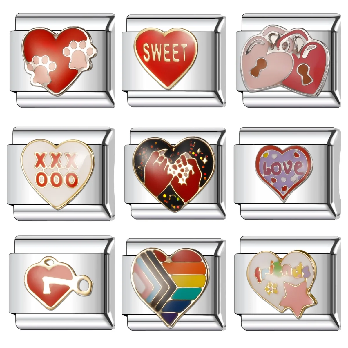 Romantic Colour Heart  Love Series Italian Charm Stainless Steel Bracelet 9mm Diy Jewelry DIY Making