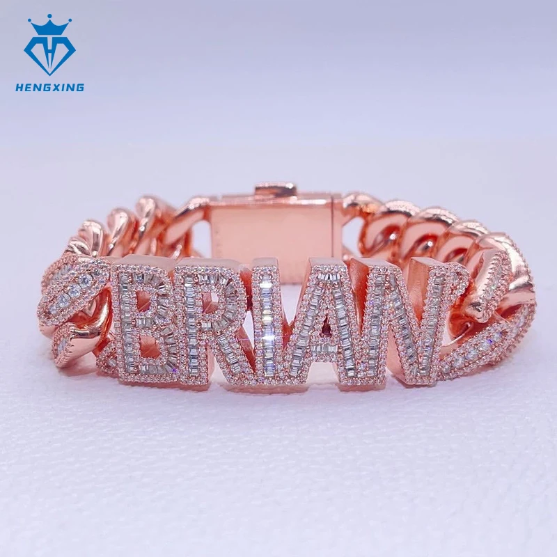 Custom 20mm Name Letter Rose Gold Cuban Bracelet 925 Silvrer Vvs Moissanite Cuban Link Chain Bracelet