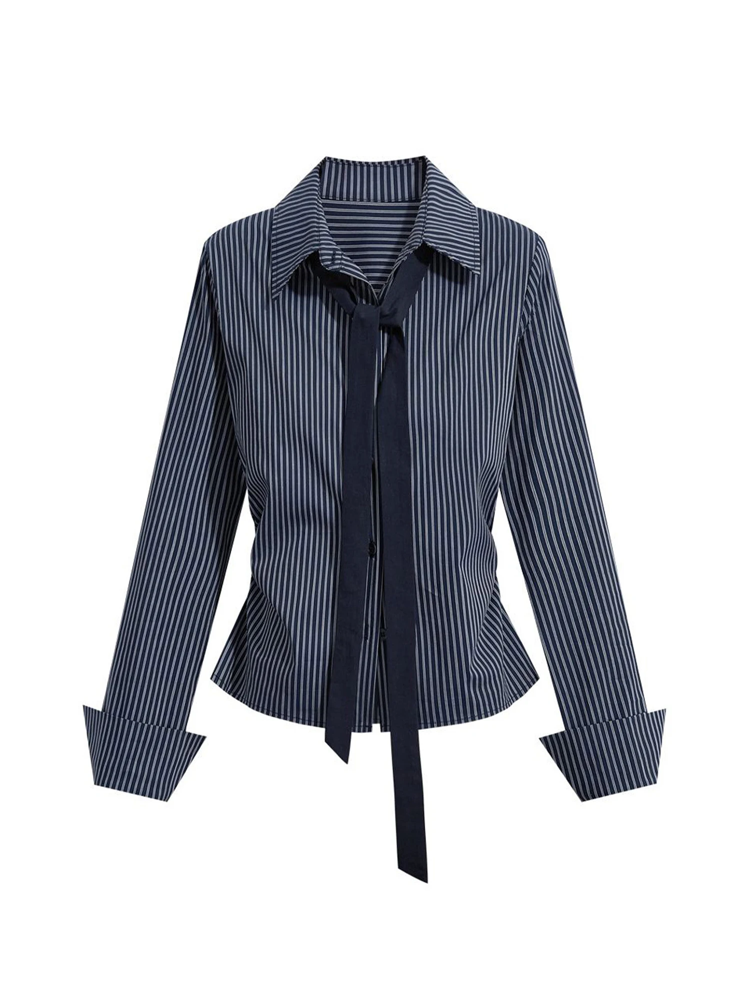 Women Navy Blue Striped Blouses and Shirts Korean Harajuku Vintage 2000s Y2k Preppy Style Long Sleeve Shirt Clothes 2026 Spring