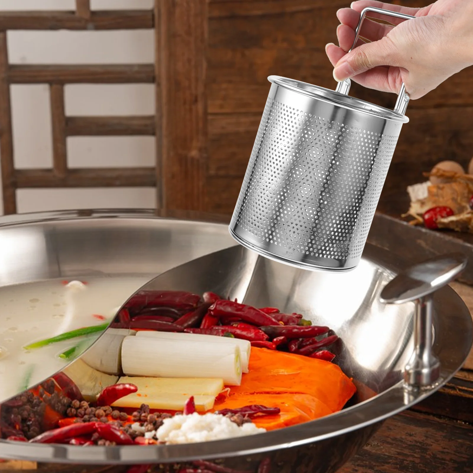 

1pc Hot Pot Hook Basket Stainless Steel Hanging Strainer Mesh Colander Round Filter for Home Restaurant Use Slip Through Net