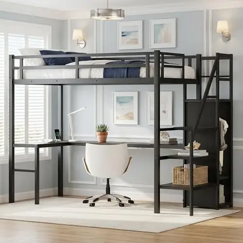 Twin XL Loft Bed with L-Shaped Desk and Storage Stairs, Metal Loft Bed with Wardrobe and USB Charging Station, High view 6