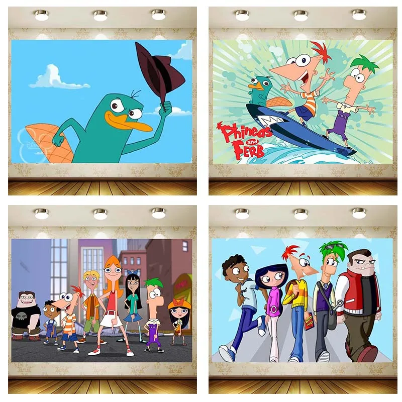 

Phineas and Ferb Happy Birthday Party Supply Background Kid Favor Linda Wall Decor Baby Shower Backdrop Decoration Boy Gift