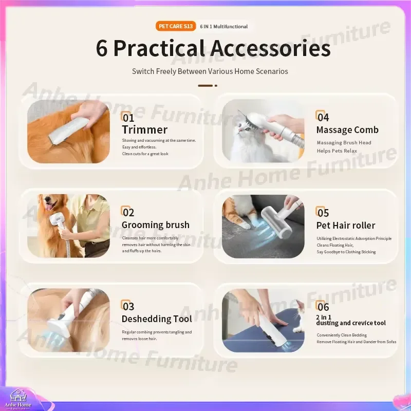 Pet Grooming Vacuum Cleaner Kit Dog Cat Hair Clipper Trimmer Shaver Suction Comb Brush Tool Low Noise Shedding Removal
