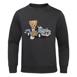 Teddy Bear Beside The Car Hoody Mens Casual Warm Fleece Sweatshirt Harajuku Fit Autumn Hooded Fashion Big Size Women Tracksuit