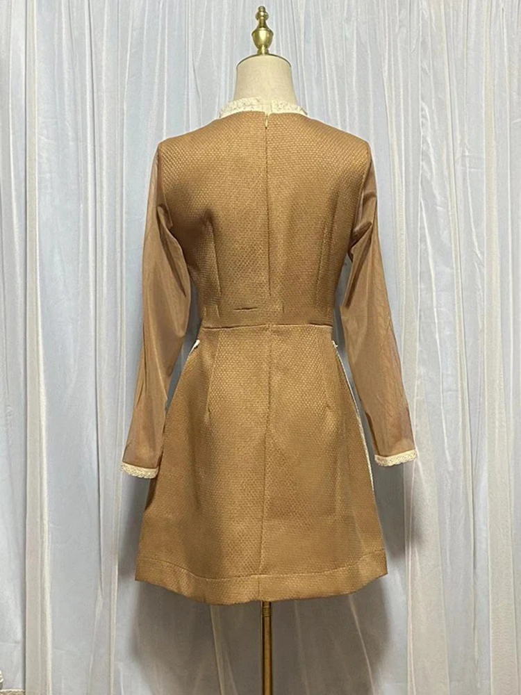 Elegant Embroidery Lace Splicing Dresses Spring Women Long Sleeves O Neck Mini Dress Autumn High Waist Zipper A Line Short Dress