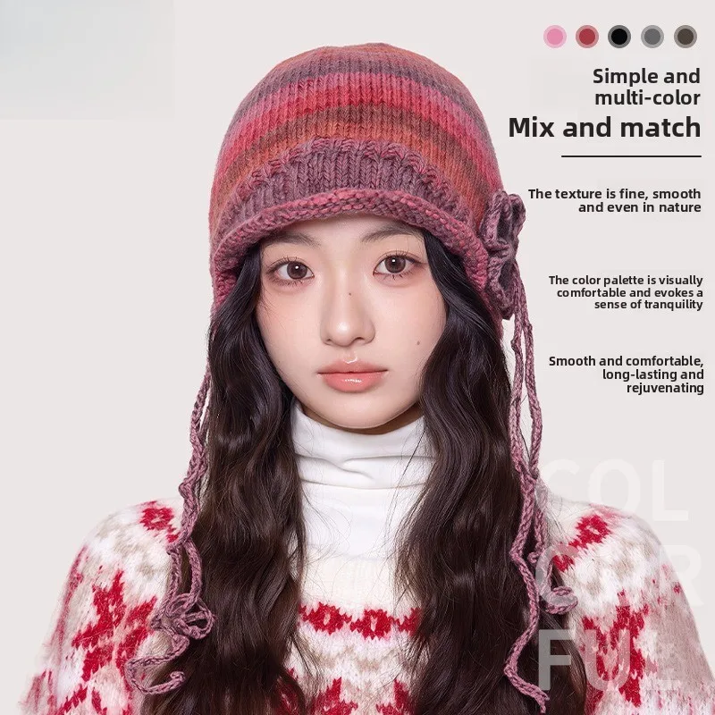 Xiaohongshu Foreign Style Age-reducing Flower Ears Striped Colored Knitted Hat Girls Autumn and Winter Cute Pullover Pile Hat