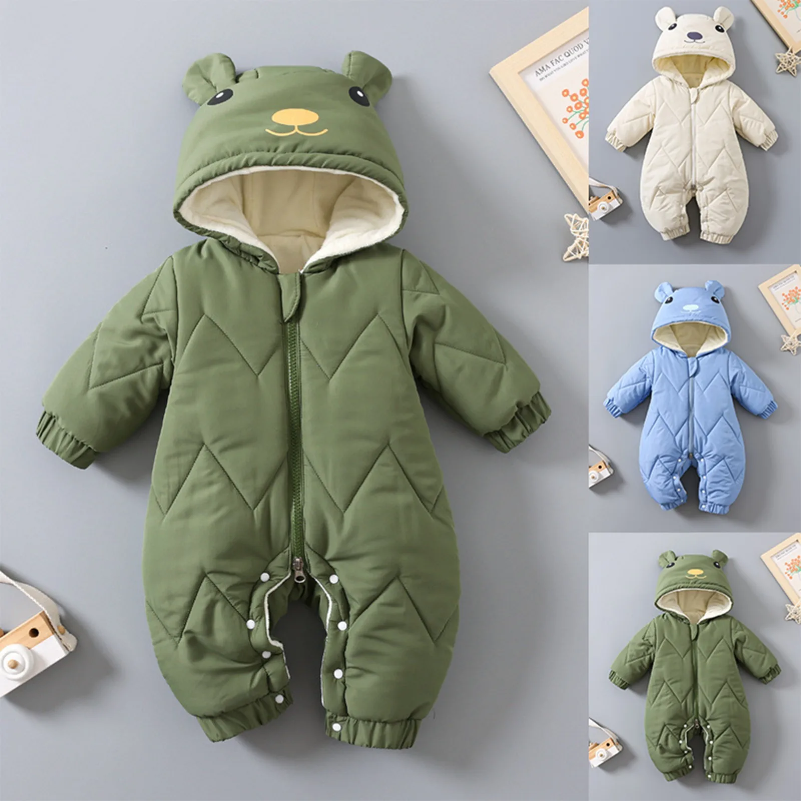 Winter Newborn Romper Thick Plus Cute Bear Baby Clothes Kids Solid Hooded Zipper Cotton Clothes Infant Boys Girls Warm Jumpsuit