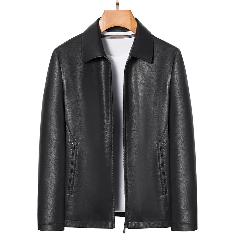 Autumn Men's Clothing Spring Black Thin Soft Top Leather Zipper Loose Coat Overszie Lapel Natural Calfskin Classic Jacket