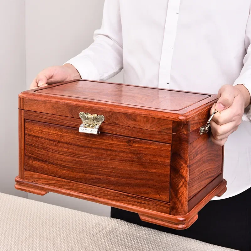 Vintage Rosewood Jewelry Box with Lock Large Capacity Solid Wood Storage Case for Wedding Gift Dowry Retro Cultural Play