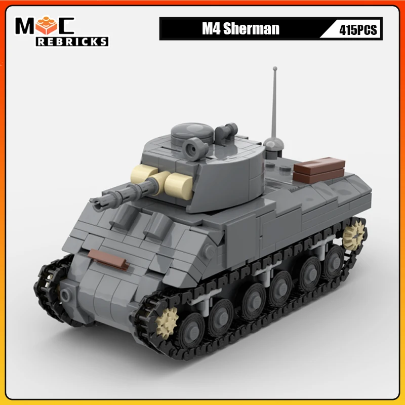 MOC WWII US Military Series M4A3E8 Sherman Medium Tracked Armored Tank Building Blocks DIY Model Puzzle Bricks Toys Xmas Gifts