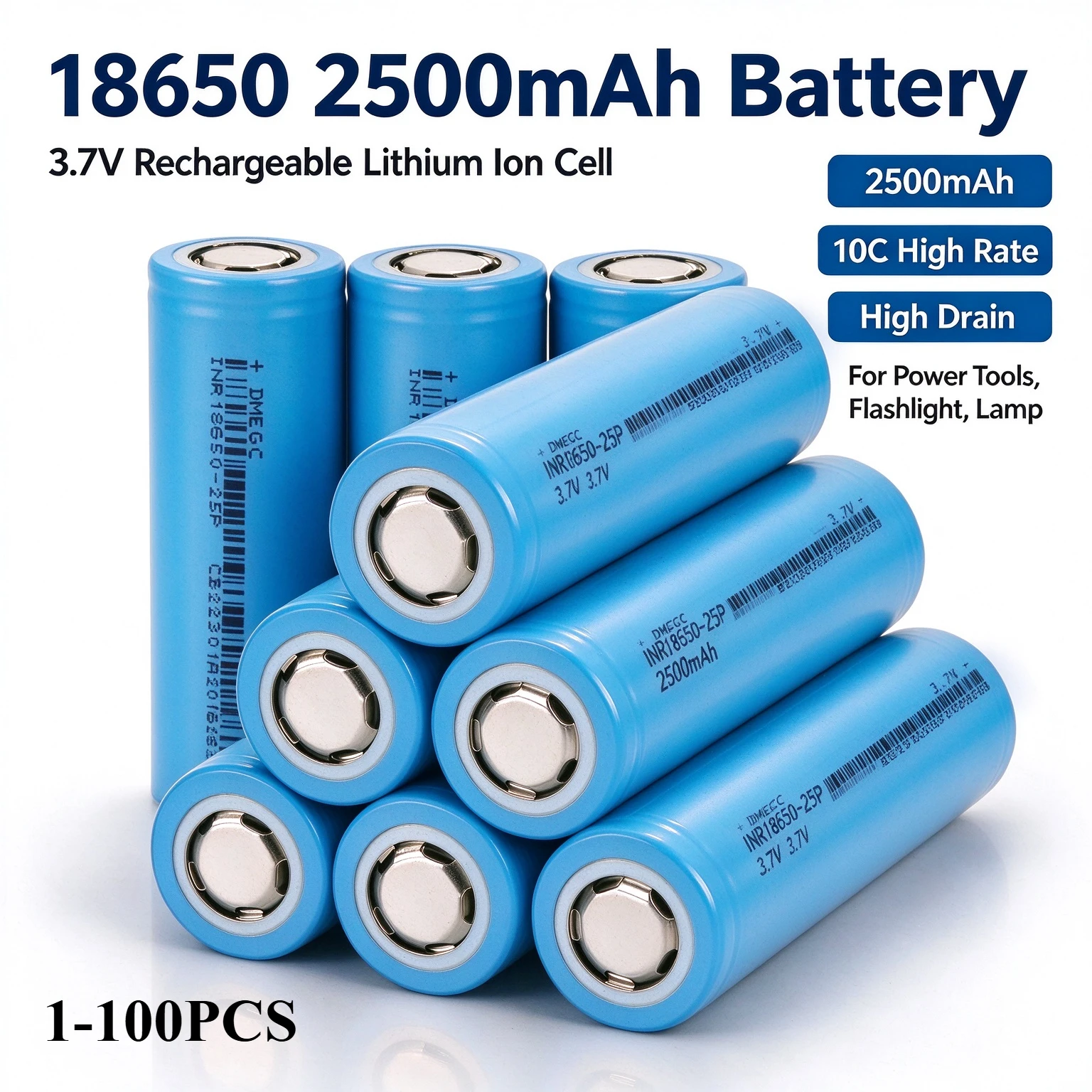 1-100PCS 18650 2500mAh 3.7V Rechargeable Li-ion Battery 30A Max Discharge Real Capacity for Flashlight Headlamp Electric Tools