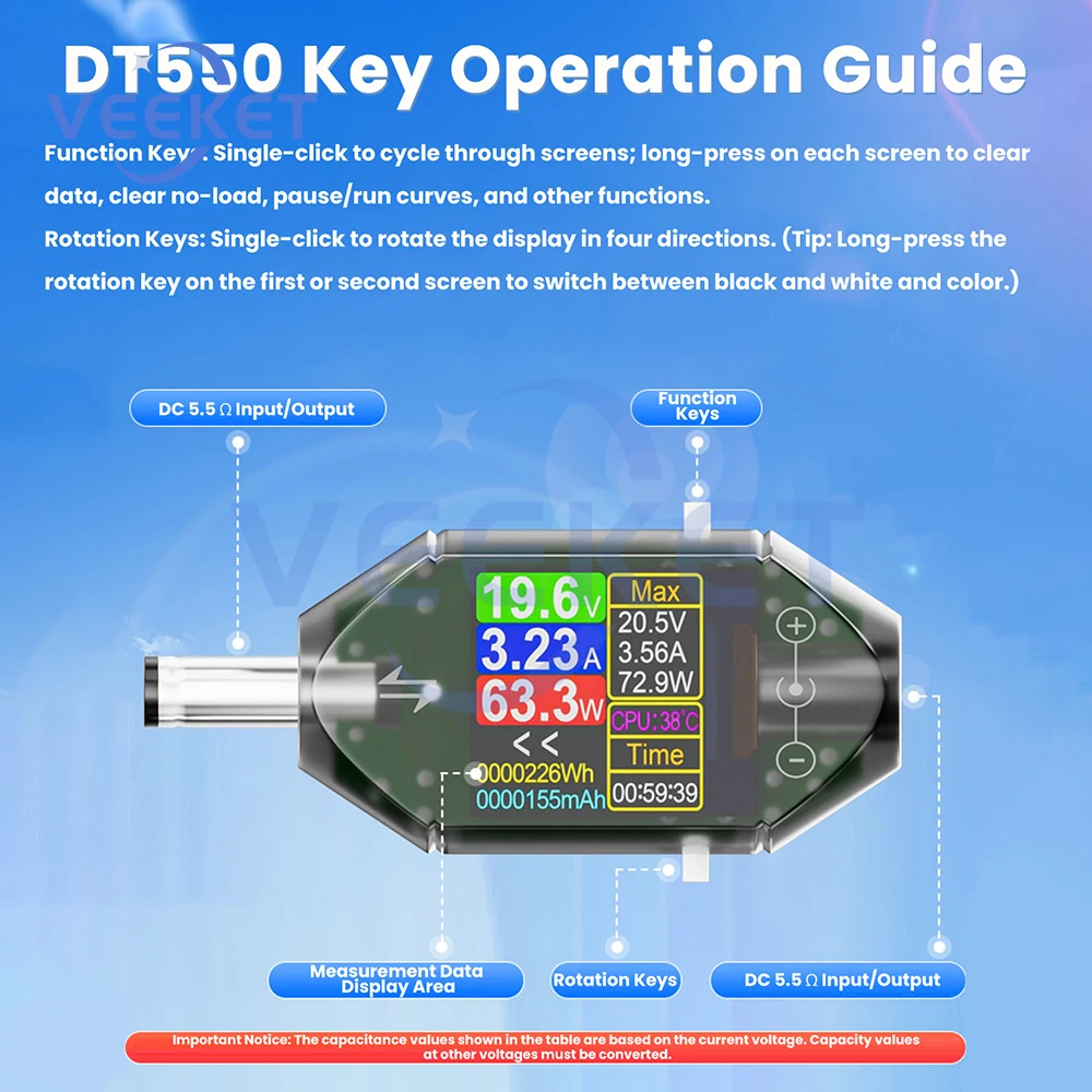 Digitaler Spannungs-/Strom-Leistungsmesser, DC 4,5–50 V, DT550, hochpräzises Amperemeter, Energiemonitor für Laptops, Elektrowerkzeuge