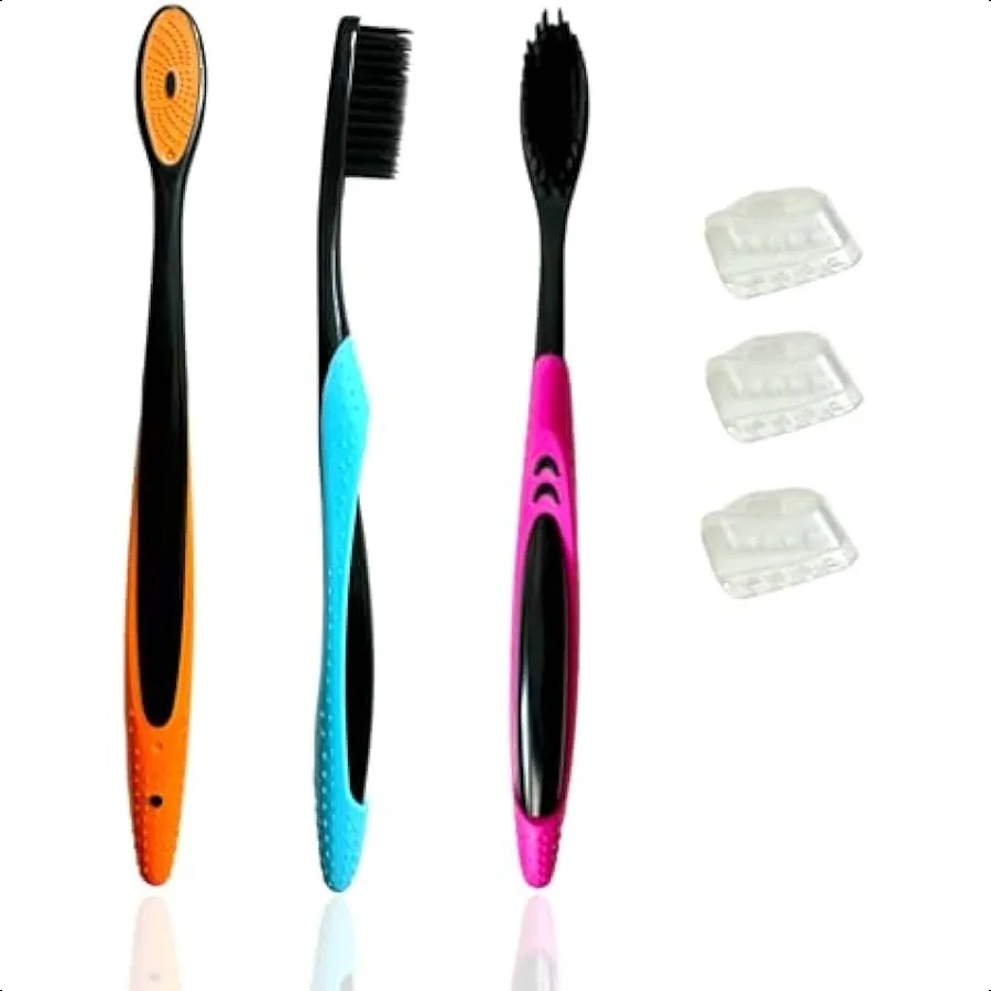 

3pc Neon and Black Soft Bristles Toothbrush Deep Cleaning Sensitive Teeth Gum Extra Fine Bristles Cheek and Tongue Cleaner Ergo
