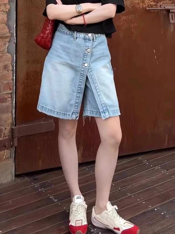 Hoge taille blauwe A-lijn denim orts dames zomer plus maat rechte pijpen wijde pijpen vijfkwartlengte jeans