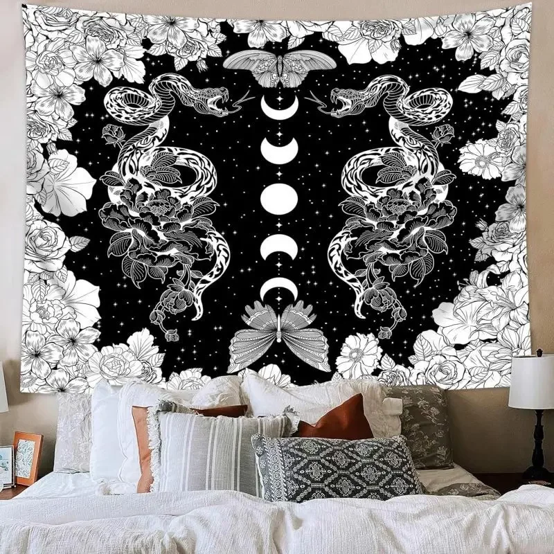 VIKAMA Gothic Snake Tapestry Black and White Moon Phase Butterfly Floral Wall Hanging Mysterious Wall Art Bedroom Decor