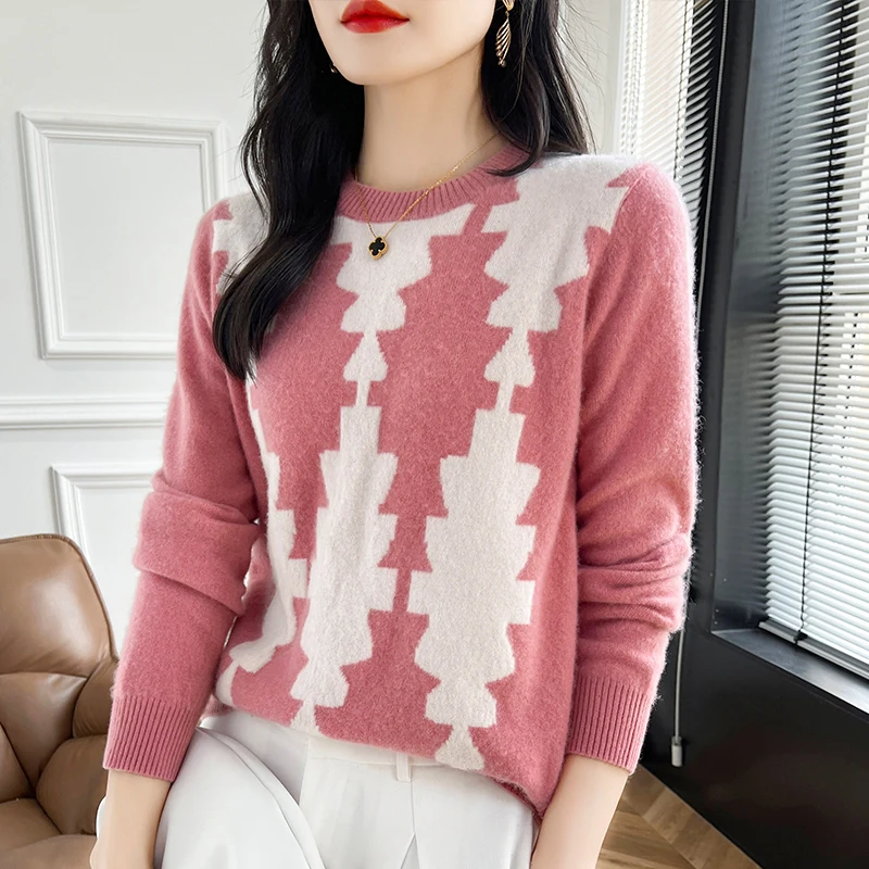 

3-цветный весенне-осенний новый женский свитер из 100% шерсти с круглым вырезом, вязаный модный женский пуловер с цветными блоками