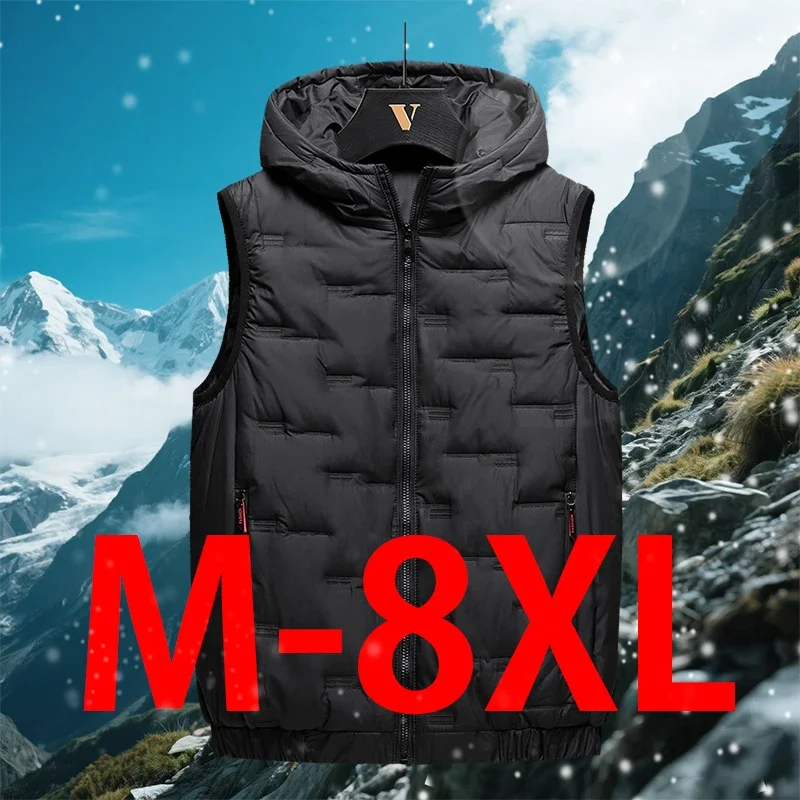 

2025 New Winter Hooded Vests Men's Pleated Solid Padded Vest Windproof Warm Sleeveless Jacket Casual Thicken Parkas 8XL 7XL 6XL