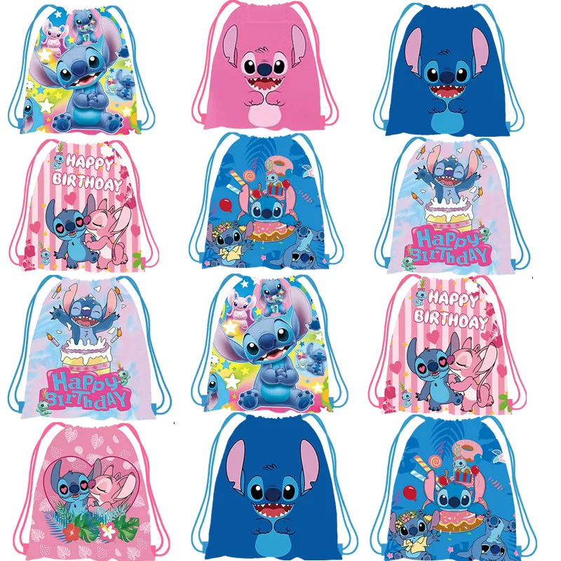 5/40 Uds. Bolsa con cordón no tejida con tema de Lilo & Stitch rosa y azul de dibujos animados para niños y niñas, bolsas para regalos de fiesta de cumpleaños, mochila, suministros