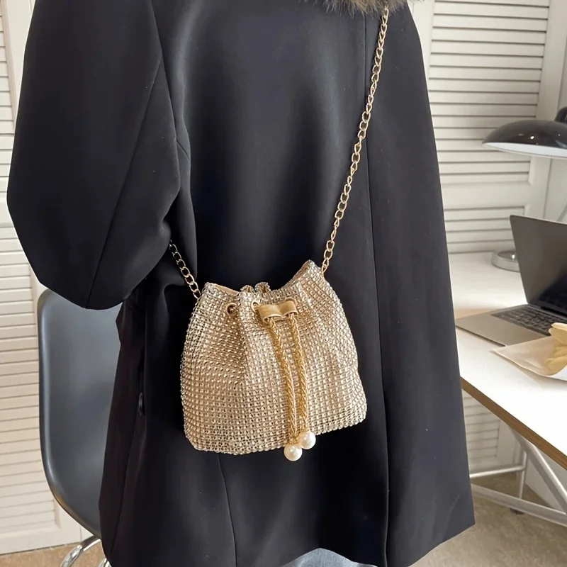 Women's Crossbody Bag with Embellished Cord Strass, Multifunctional Bucket Bag Formal Daily Use image 2