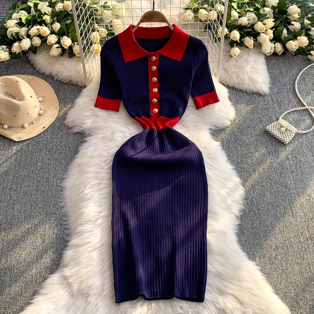 YuooMuoo Chic Fashion Elegant Turn-down Collar Knitted Sweater Dress Women Short Sleeve Contrast Slim Waist Bodycon Summer Dress