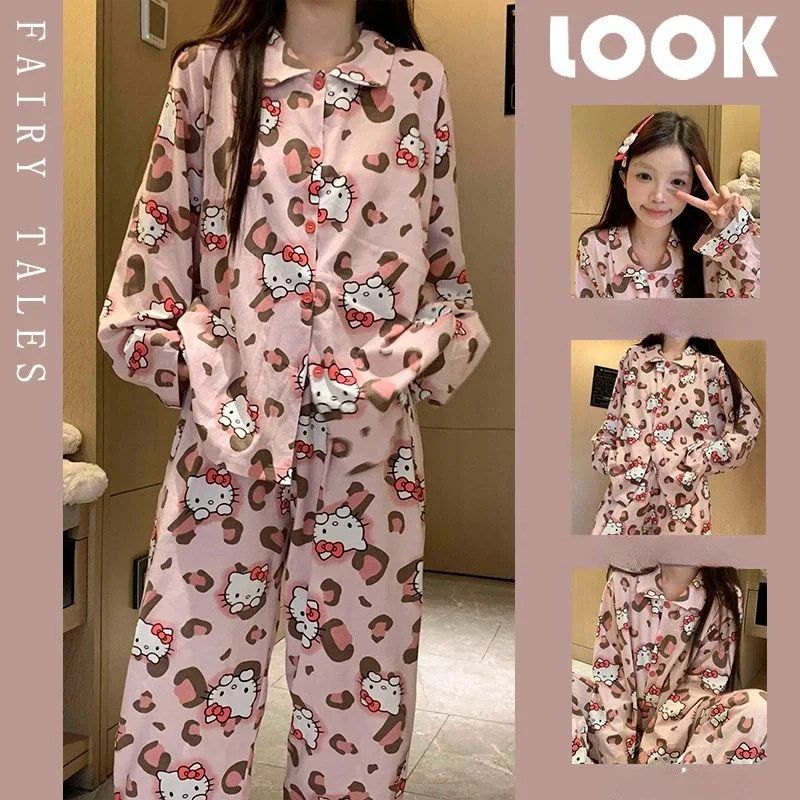 Sanrio Leopard Print HelloKitty Pajamas Women Spring and Autumn Long Sleeves Trousers Loose Comfortable Girly Pajamas KawaiiGift